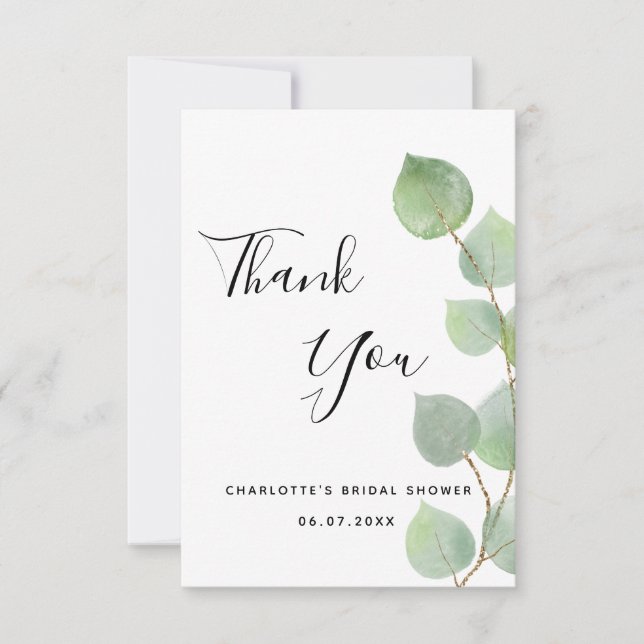 Eucalyptus greenery script Bridal Shower Thank You Card (Front)