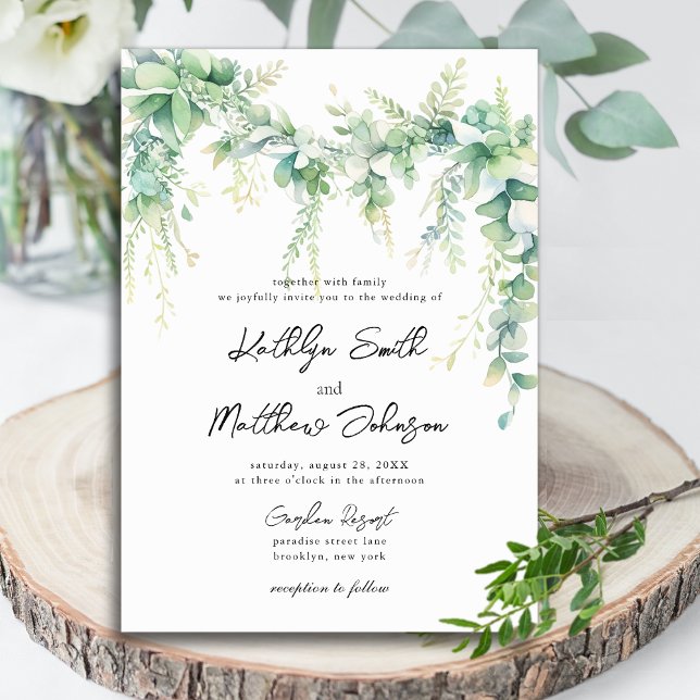 Eucalyptus Greenery Script Modern Garden Wedding Invitation (Creator Uploaded)