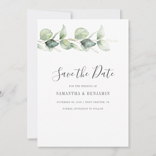 Eucalyptus Greenery Script Wedding Save The Date (Front)