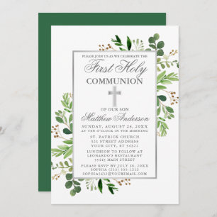 Eucalyptus Greenery Silver First Communion Invitation