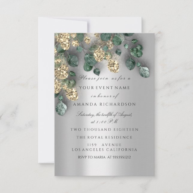 Eucalyptus Greenery Silver Gold Glitter  Foils Invitation (Front)