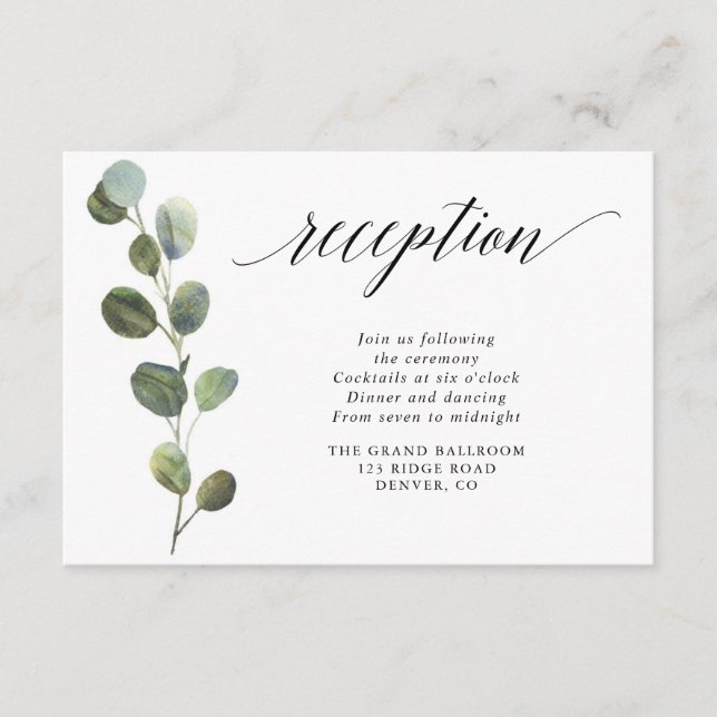 Eucalyptus greenery simple elegant reception enclosure card (Front)