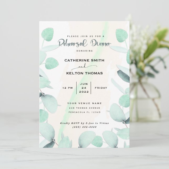 Eucalyptus Greenery Simple Rehearsal Dinner Invitation (Standing Front)