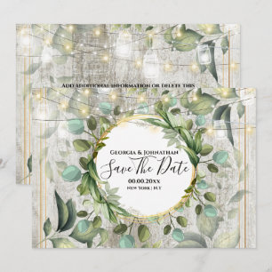 Eucalyptus greenery string lights country wood  save the date