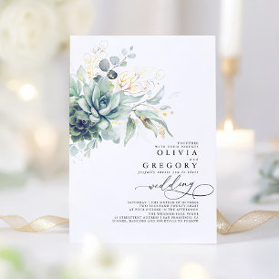 Eucalyptus Greenery Succulents and Gold Wedding Invitation