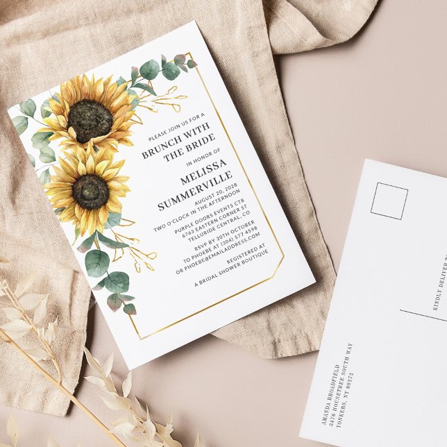 Eucalyptus Greenery Sunflower Brunch with Bride Invitation Postcard (Floral Sunflower Eucalyptus Brunch with the Bride Invitation Postcard)
