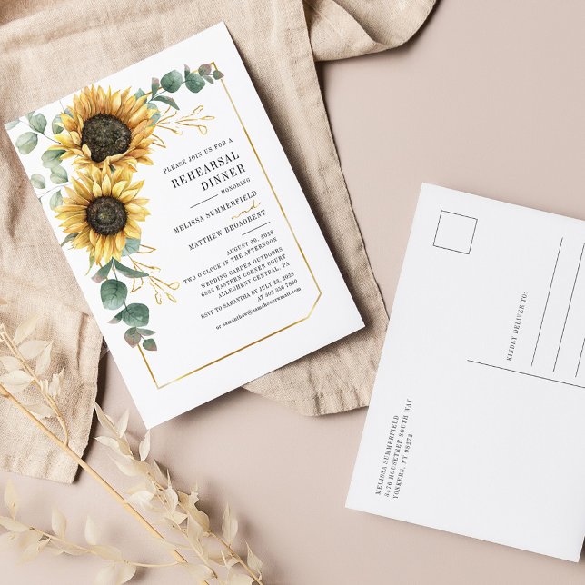 Eucalyptus Greenery Sunflower Rehearsal Dinner Invitation Postcard (Sunflower Eucalyptus Wedding Rehearsal Dinner Invitation)