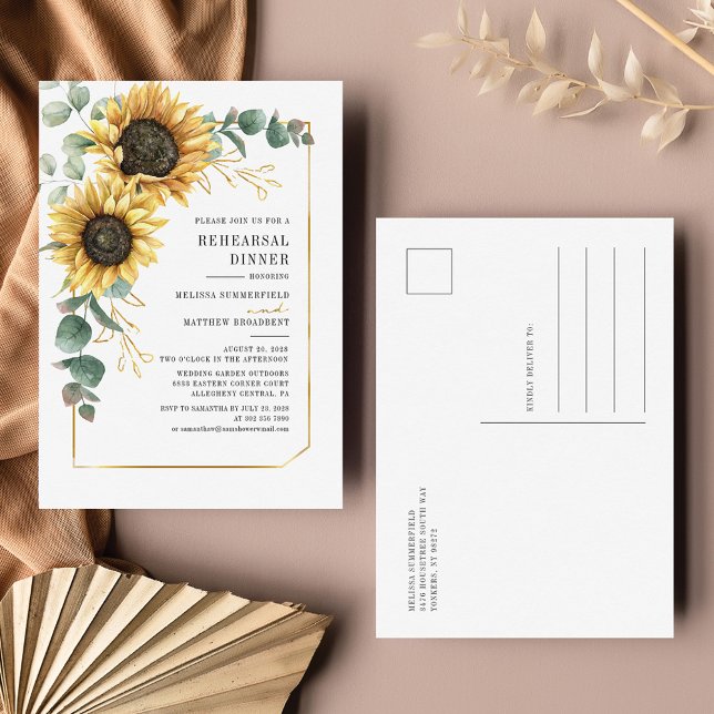 Eucalyptus Greenery Sunflower Rehearsal Dinner Invitation Postcard (Sunflower Floral Wedding Rehearsal Dinner Invitation Postcard)