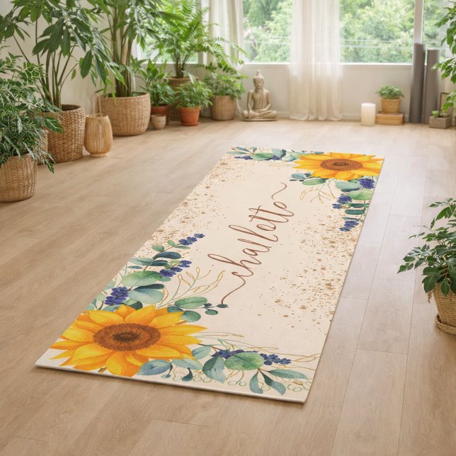 Eucalyptus greenery sunflowers glitter dust yoga mat (Creator Uploaded)