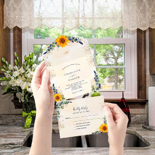 Eucalyptus greenery sunflowers golden wedding all in one invitation