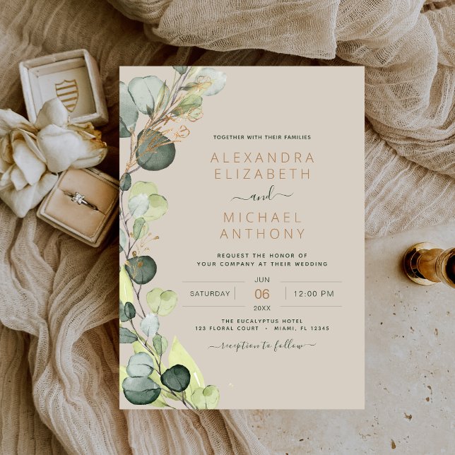 Eucalyptus Greenery Taupe Beige Gold Wedding Invitation (Creator Uploaded)