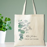 Eucalyptus Greenery Teacher's Tote Bag<br><div class="desc">This elegant Teacher's Tote Bag is decorated with watercolor eucalyptus leaves in soft shades of green. Easily customisable. To edit further use the Design Tool to change the font, font size, or colour. Because we create our artwork you won't find this exact image from other designers. Original Watercolor © Michele...</div>