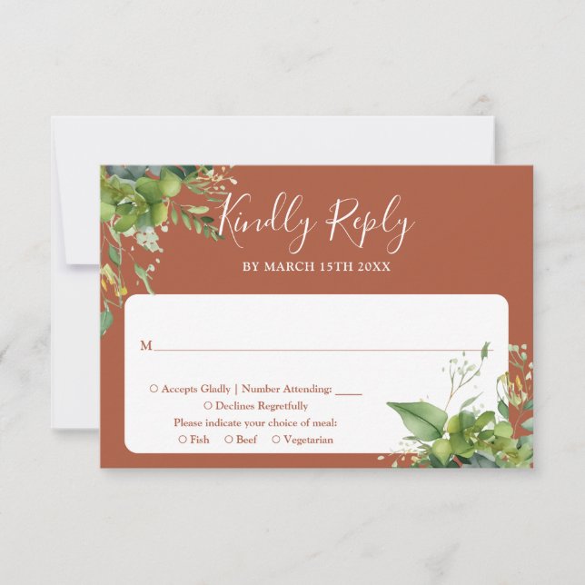 Eucalyptus Greenery Terracotta Wedding RSVP Card (Front)