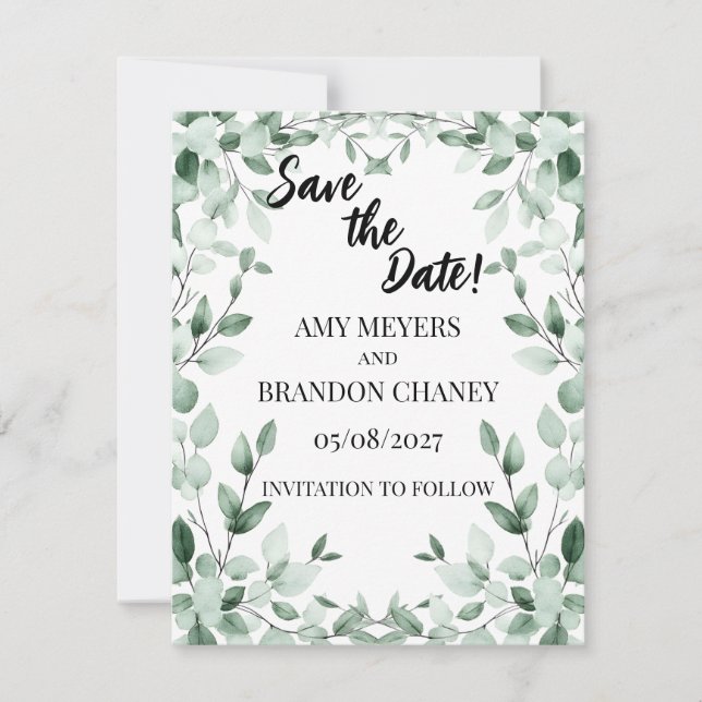 Eucalyptus Greenery Two Hearts Save the Date Card (Front)