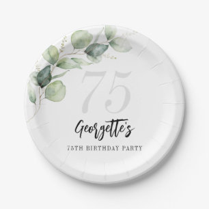 Eucalyptus Greenery Watercolor 75th Birthday Paper Plate