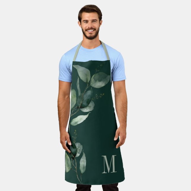 Eucalyptus Greenery Watercolor Botanical Monogram Apron (Worn)