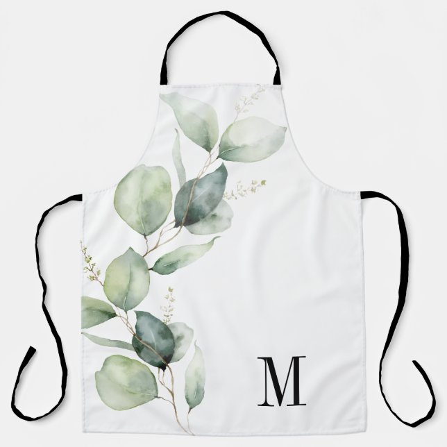 Eucalyptus Greenery Watercolor Botanical Monogram Apron (Front)