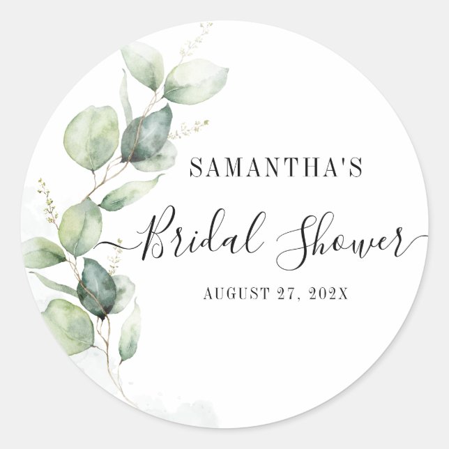 Eucalyptus Greenery Watercolor Bridal Shower Classic Round Sticker (Front)