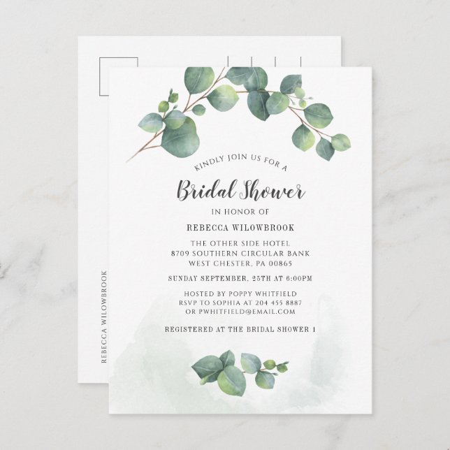 Eucalyptus Greenery Watercolor Bridal Shower Invitation Postcard (Front/Back)