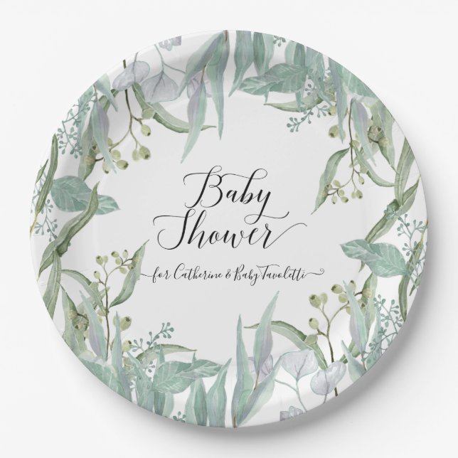 Eucalyptus Greenery Watercolor Foliage Baby Shower Paper Plate (Front)