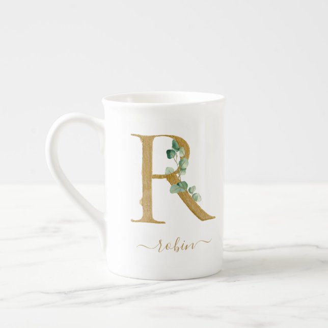 Eucalyptus Greenery Watercolor Gold Monogram R Bone China Mug (Left)