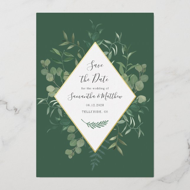 Eucalyptus Greenery Watercolor Save the Date Foil (Front)