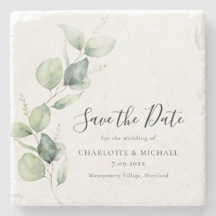 Eucalyptus Greenery Watercolor Save the Date Stone Coaster