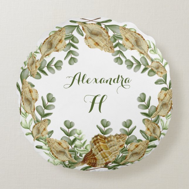 Eucalyptus Greenery Watercolor Seashell Round Cushion (Front)