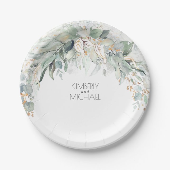 Eucalyptus Greenery Watercolor Summer Wedding Paper Plate (Front)