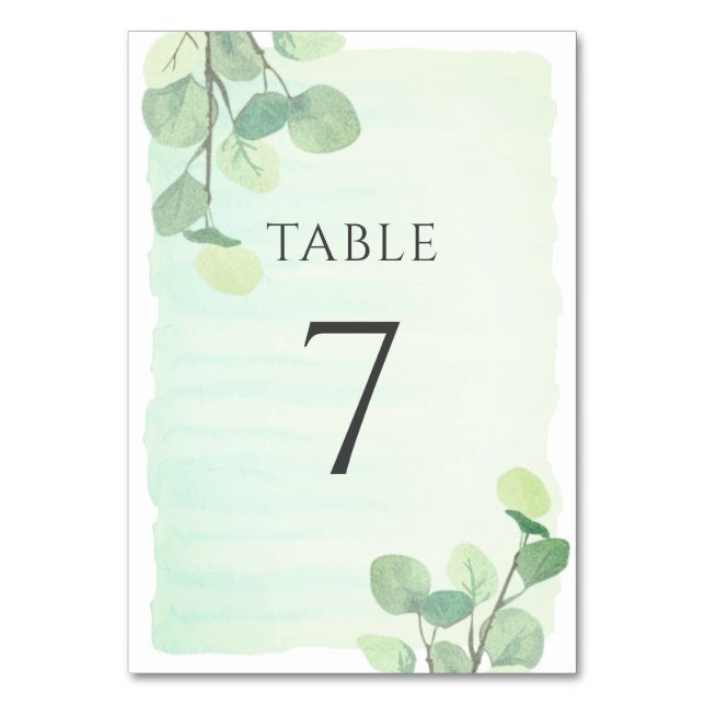 Eucalyptus Greenery Watercolor Wedding Table Number (Front)