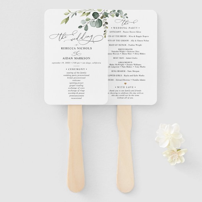 Eucalyptus Greenery Wedding Ceremony Program Hand Fan (Front and Back)
