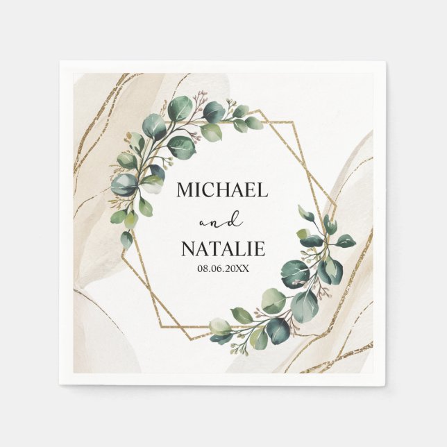 Eucalyptus Greenery Wedding Custom Names & Date Napkin (Front)