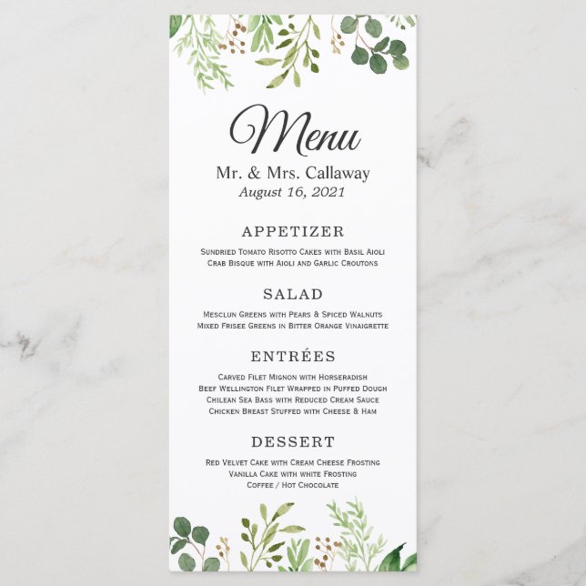 Eucalyptus Greenery Wedding Dinner Menu (Front)