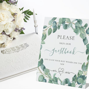 Eucalyptus greenery wedding guest book pedestal sign