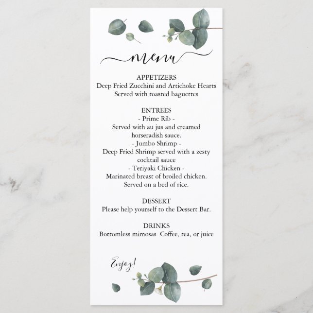 Eucalyptus Greenery Wedding Menu (Front)