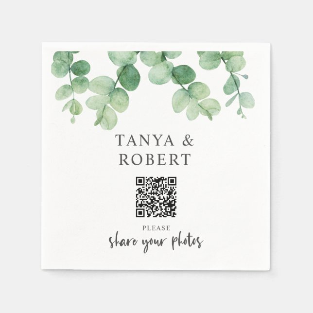 Eucalyptus Greenery Wedding QR Code Share Photos Napkin (Front)