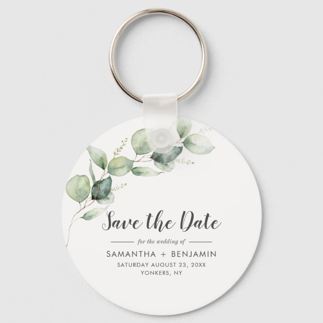 Eucalyptus Greenery Wedding Save the Date Key Ring (Front)
