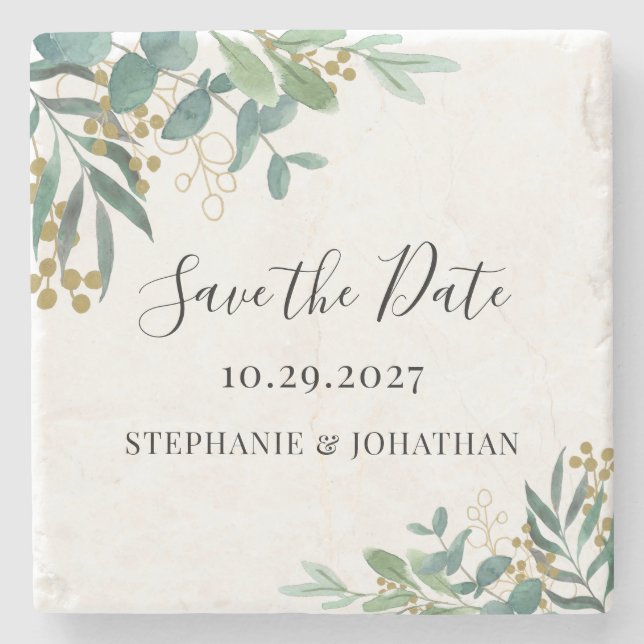 Eucalyptus Greenery Wedding Save The Date Stone Coaster (Front)