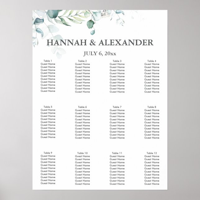 Eucalyptus Greenery Wedding Seating Chart (Front)
