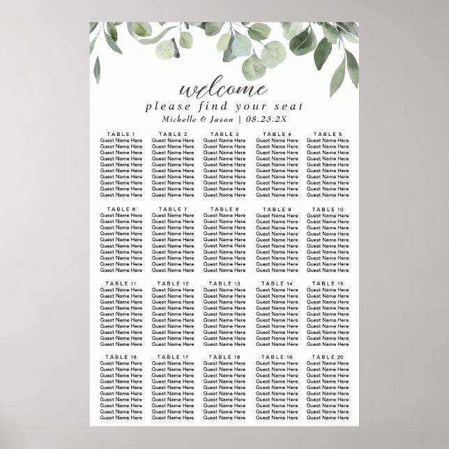 Eucalyptus Greenery Wedding Seating Chart 20 Table (Front)