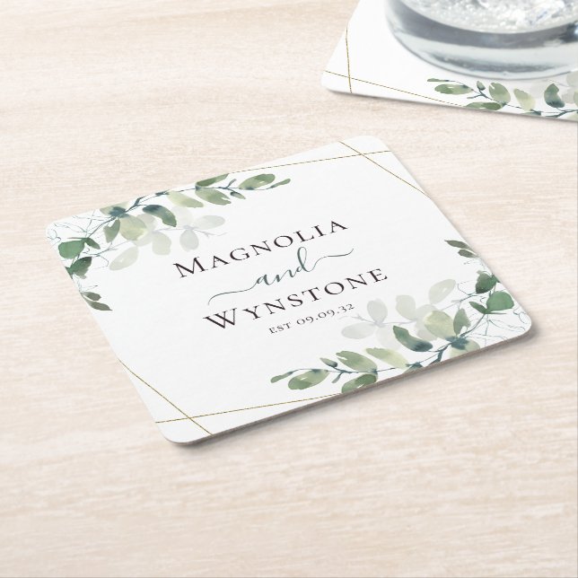Eucalyptus Greenery Wedding  Square Paper Coaster (Angled)