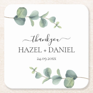 Eucalyptus Greenery Wedding Thank You  Square Paper Coaster