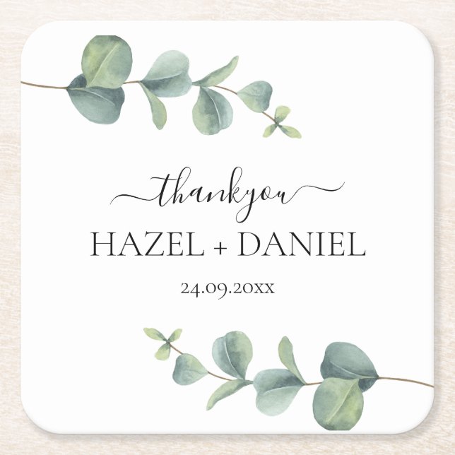 Eucalyptus Greenery Wedding Thank You  Square Paper Coaster (Front)