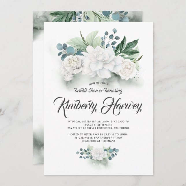 Eucalyptus Greenery White Floral Bridal Shower Invitation (Front/Back)