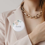 Eucalyptus greenery white floral name tag 3 cm round badge<br><div class="desc">A chic white background. Decorated with a white floral,  flower (peony)and green watercolored eucalyptus leaves,  sprigs,  greenery and a faux gold sprig. Personalise and add a name. The name is written with a modern hand lettered style script.</div>