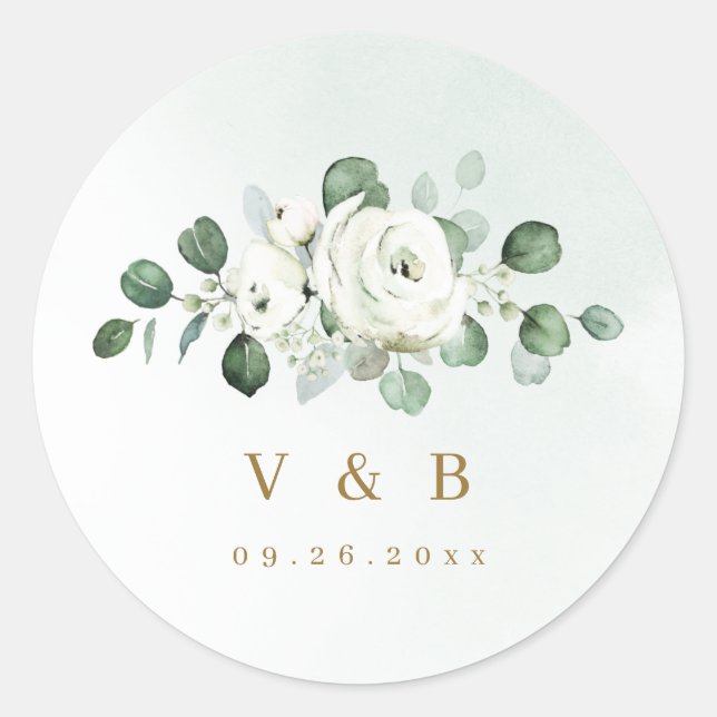 Eucalyptus Greenery white floral rustic monogram Classic Round Sticker (Front)