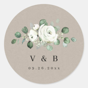 Eucalyptus Greenery white floral rustic monogram Classic Round Sticker