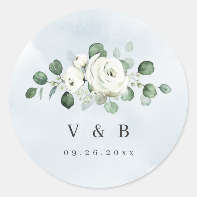 Eucalyptus Greenery white floral rustic monogram Classic Round Sticker (Front)