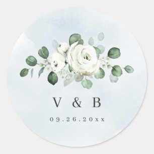 Eucalyptus Greenery white floral rustic monogram Classic Round Sticker
