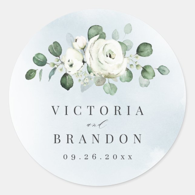 Eucalyptus Greenery white floral rustic monogram Classic Round Sticker (Front)